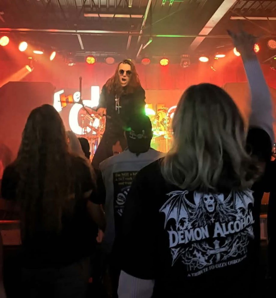 The crowd in Demon Alcohol shirts, watching the band
